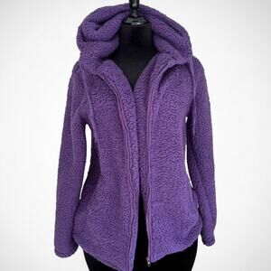 Women’s Large Purple Sherpa Zip-Up Hoodie Jacket Cozy Teddy Fleece Outerwear